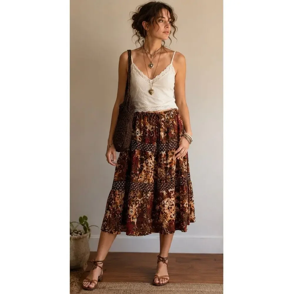 Vtg Patchwork Fairygrunge Boho Drawstring Midi Skirt 14P Hippie Dark Romantic
